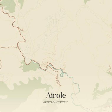 Liguria, İtalya 'da bulunan Airole' un klasik duvar sanat haritası. Ormanlar, yollar, şehirler, göller ve nehirlerle ilgili hava planı.