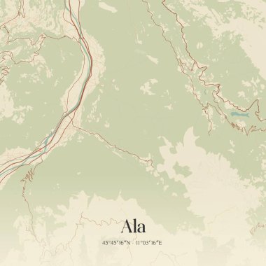İtalya 'nın Trentino-Alto Adige kentinde bulunan Ala' nın klasik duvar sanat haritası. Ormanlar, yollar, şehirler, göller ve nehirlerle ilgili hava planı.