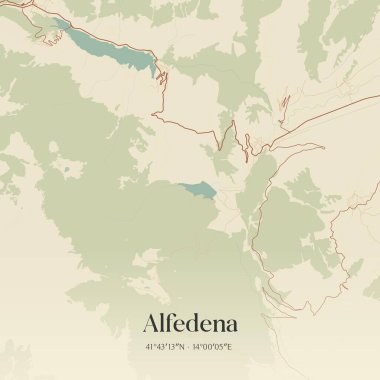 İtalya, Abruzzo 'da bulunan Alfedena' nın klasik duvar sanat haritası. Ormanlar, yollar, şehirler, göller ve nehirlerle ilgili hava planı.