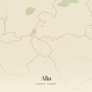 Alia 'nın klasik duvar sanat haritası, Sicilya, İtalya' da. Ormanlar, yollar, şehirler, göller ve nehirlerle ilgili hava planı.