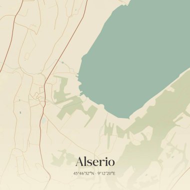 Vintage wall art map of Alserio, located in Lombardia, Italy. Aerial plan with forests, roads, cities, lakes and rivers. clipart