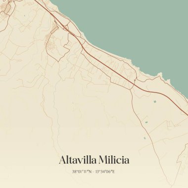 İtalya, Sicilya 'da bulunan Altavilla Milicia' nın klasik duvar sanat haritası. Ormanlar, yollar, şehirler, göller ve nehirlerle ilgili hava planı.