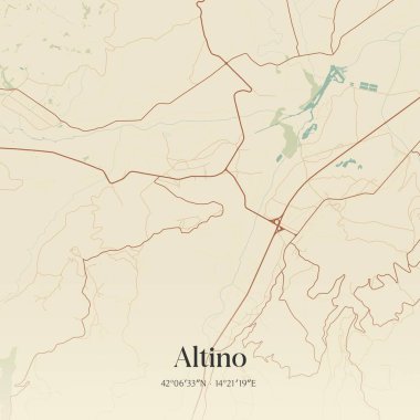 İtalya, Abruzzo 'da bulunan Altino' nun klasik duvar sanat haritası. Ormanlar, yollar, şehirler, göller ve nehirlerle ilgili hava planı.