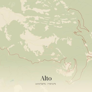 Piemonte, İtalya 'da bulunan Alto' nun klasik duvar sanat haritası. Ormanlar, yollar, şehirler, göller ve nehirlerle ilgili hava planı.