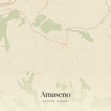 Lazio, İtalya 'da bulunan Amaseno' nun klasik duvar sanat haritası. Ormanlar, yollar, şehirler, göller ve nehirlerle ilgili hava planı.