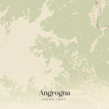 İtalya, Piemonte 'de bulunan Angrogna' nın klasik duvar sanat haritası. Ormanlar, yollar, şehirler, göller ve nehirlerle ilgili hava planı.