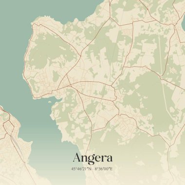 Lombardia, İtalya 'da bulunan Angera' nın klasik duvar sanat haritası. Ormanlar, yollar, şehirler, göller ve nehirlerle ilgili hava planı.