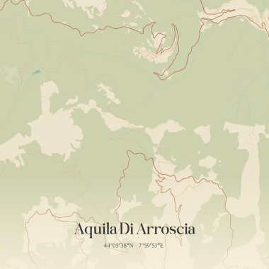 Liguria, İtalya 'da bulunan Aquila Di Arroscia' nın klasik duvar sanat haritası. Ormanlar, yollar, şehirler, göller ve nehirlerle ilgili hava planı.