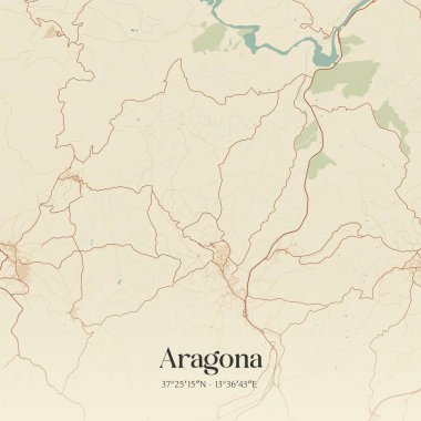 İtalya, Sicilya 'da bulunan Aragona' nın klasik duvar sanat haritası. Ormanlar, yollar, şehirler, göller ve nehirlerle ilgili hava planı.