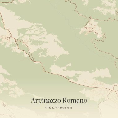 Lazio, İtalya 'da bulunan Arcinazzo Romano' nun klasik duvar sanat haritası. Ormanlar, yollar, şehirler, göller ve nehirlerle ilgili hava planı.