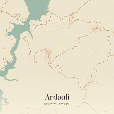 İtalya, Sardegna 'da bulunan Ardauli' nin klasik duvar sanat haritası. Ormanlar, yollar, şehirler, göller ve nehirlerle ilgili hava planı.