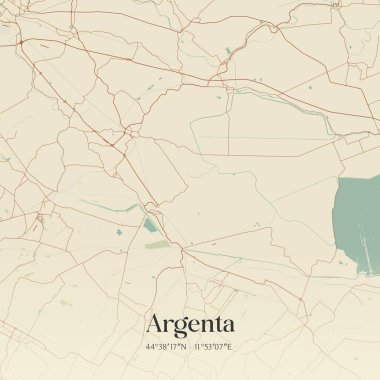 Emilia-Romagna, İtalya 'da bulunan Argenta' nın klasik duvar sanat haritası. Ormanlar, yollar, şehirler, göller ve nehirlerle ilgili hava planı.