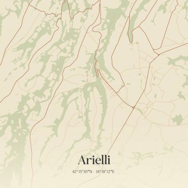 Arielli 'nin klasik duvar haritası, İtalya, Abruzzo' da. Ormanlar, yollar, şehirler, göller ve nehirlerle ilgili hava planı.