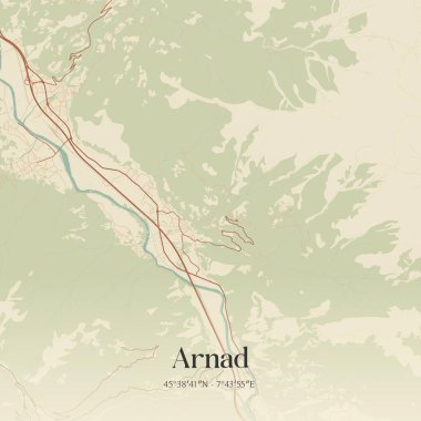 Arnad 'ın Valle d' Aosta, İtalya 'daki klasik duvar sanat haritası. Ormanlar, yollar, şehirler, göller ve nehirlerle ilgili hava planı.