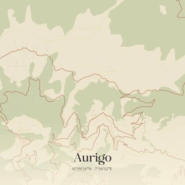 Aurigo 'nun klasik duvar sanat haritası, Liguria, İtalya' da. Ormanlar, yollar, şehirler, göller ve nehirlerle ilgili hava planı.