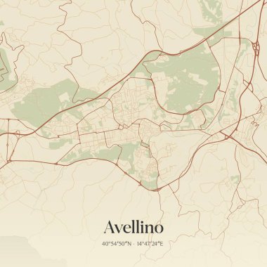 İtalya, Campania 'da bulunan Avellino' nun klasik duvar sanat haritası. Ormanlar, yollar, şehirler, göller ve nehirlerle ilgili hava planı.