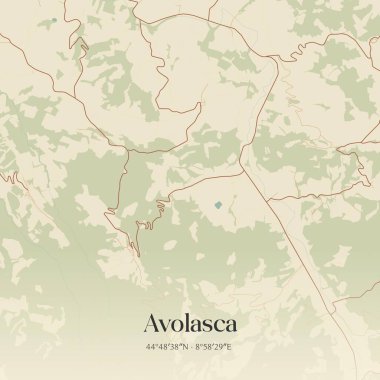 İtalya, Piemonte 'de bulunan Avolasca' nın klasik duvar sanat haritası. Ormanlar, yollar, şehirler, göller ve nehirlerle ilgili hava planı.
