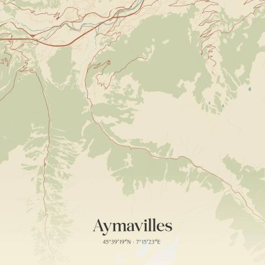 Valle d 'Aosta, İtalya' da bulunan Aymavilles 'in klasik duvar sanat haritası. Ormanlar, yollar, şehirler, göller ve nehirlerle ilgili hava planı.