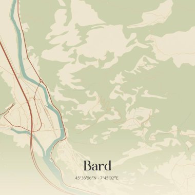 Vintage wall art map of Bard, located in Valle d'Aosta, Italy. Aerial plan with forests, roads, cities, lakes and rivers. clipart