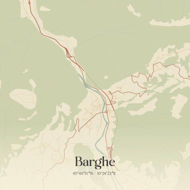 Barghe 'nin klasik duvar haritası, Lombardia, İtalya' da. Ormanlar, yollar, şehirler, göller ve nehirlerle ilgili hava planı.