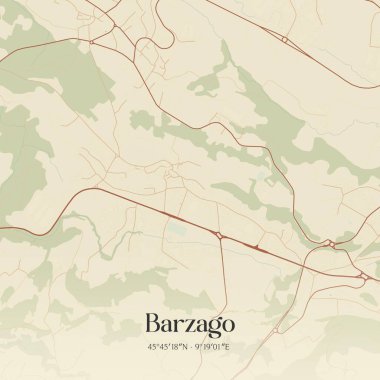 Barzago 'nun klasik duvar haritası, Lombardia, İtalya' da. Ormanlar, yollar, şehirler, göller ve nehirlerle ilgili hava planı.