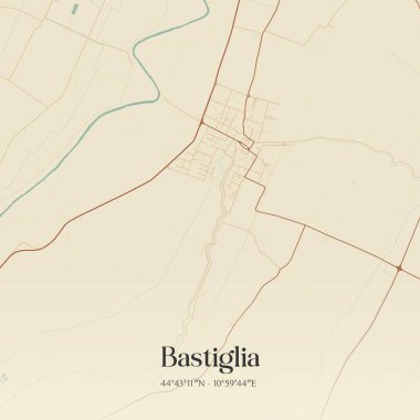 Bastiglia 'nın Emilia-Romagna, İtalya' daki klasik duvar sanat haritası. Ormanlar, yollar, şehirler, göller ve nehirlerle ilgili hava planı.