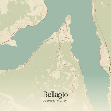 Lombardia, İtalya 'da bulunan Bellagio' nun klasik duvar sanat haritası. Ormanlar, yollar, şehirler, göller ve nehirlerle ilgili hava planı.
