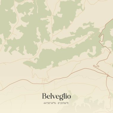 İtalya, Piemonte 'de bulunan Belveglio' nun klasik duvar sanat haritası. Ormanlar, yollar, şehirler, göller ve nehirlerle ilgili hava planı.