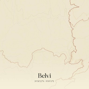 Vintage wall art map of Belvi, located in Sardegna, Italy. Aerial plan with forests, roads, cities, lakes and rivers. clipart