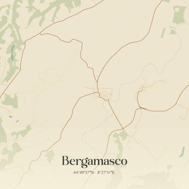 İtalya, Piemonte 'de bulunan Bergamasco' nun klasik duvar sanat haritası. Ormanlar, yollar, şehirler, göller ve nehirlerle ilgili hava planı.