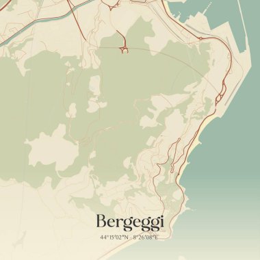 Liguria, İtalya 'da bulunan Bergeggi' nin klasik duvar sanat haritası. Ormanlar, yollar, şehirler, göller ve nehirlerle ilgili hava planı.