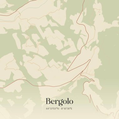 İtalya, Piemonte 'de bulunan Bergolo' nun klasik duvar sanat haritası. Ormanlar, yollar, şehirler, göller ve nehirlerle ilgili hava planı.