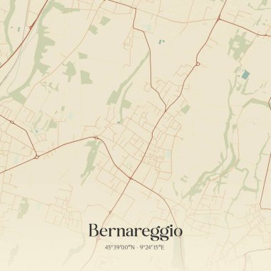 Lombardia, İtalya 'da bulunan Bernareggio' nun klasik duvar sanat haritası. Ormanlar, yollar, şehirler, göller ve nehirlerle ilgili hava planı.