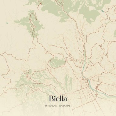 Biella 'nın klasik duvar haritası, Piemonte, İtalya' da. Ormanlar, yollar, şehirler, göller ve nehirlerle ilgili hava planı.