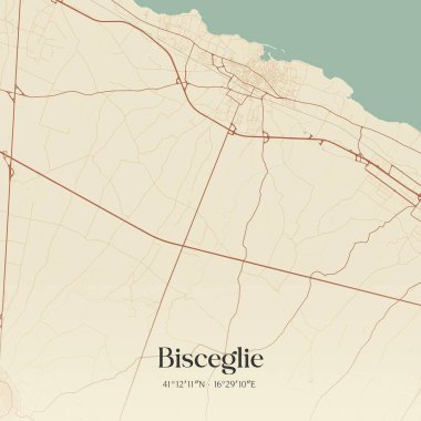 Bisceglie 'nin klasik duvar sanat haritası, Apulia, İtalya' da. Ormanlar, yollar, şehirler, göller ve nehirlerle ilgili hava planı.