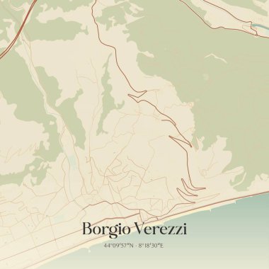 Liguria, İtalya 'da bulunan Borgio Verezzi' nin klasik duvar sanat haritası. Ormanlar, yollar, şehirler, göller ve nehirlerle ilgili hava planı.