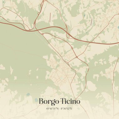 Piemonte, İtalya 'da bulunan Borgo Ticino' nun klasik duvar sanat haritası. Ormanlar, yollar, şehirler, göller ve nehirlerle ilgili hava planı.