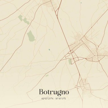 Botrugno 'nun klasik duvar sanat haritası, Apulia, İtalya' da. Ormanlar, yollar, şehirler, göller ve nehirlerle ilgili hava planı.