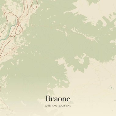 Braone 'un klasik duvar haritası, Lombardia, İtalya' da. Ormanlar, yollar, şehirler, göller ve nehirlerle ilgili hava planı.