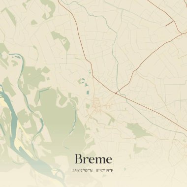 Breme 'in klasik duvar haritası, Lombardia, İtalya' da. Ormanlar, yollar, şehirler, göller ve nehirlerle ilgili hava planı.