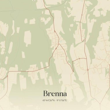 Brenna 'nın klasik duvar haritası, Lombardia, İtalya' da. Ormanlar, yollar, şehirler, göller ve nehirlerle ilgili hava planı.