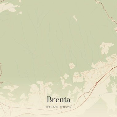 Brenta 'nın klasik duvar haritası, Lombardia, İtalya' da. Ormanlar, yollar, şehirler, göller ve nehirlerle ilgili hava planı.