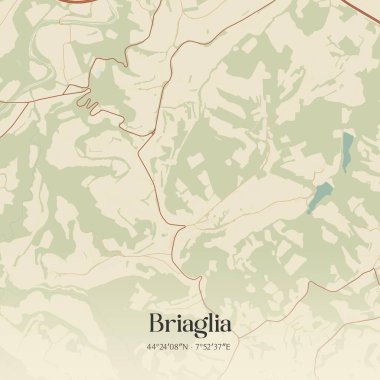 Briaglia 'nın klasik duvar haritası, Piemonte, İtalya' da. Ormanlar, yollar, şehirler, göller ve nehirlerle ilgili hava planı.
