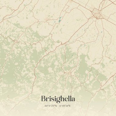 Brisighella 'nın Emilia-Romagna, İtalya' daki klasik duvar sanat haritası. Ormanlar, yollar, şehirler, göller ve nehirlerle ilgili hava planı.
