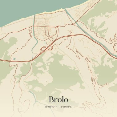 İtalya, Sicilya 'da bulunan Brolo' nun klasik duvar sanat haritası. Ormanlar, yollar, şehirler, göller ve nehirlerle ilgili hava planı.