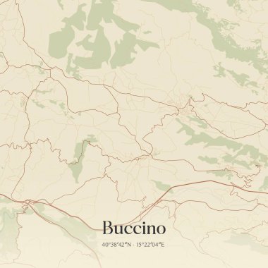 Buccino 'nun klasik duvar haritası, İtalya, Campania' da. Ormanlar, yollar, şehirler, göller ve nehirlerle ilgili hava planı.