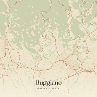 Buggiano 'nun klasik duvar haritası, Toscana, İtalya' da. Ormanlar, yollar, şehirler, göller ve nehirlerle ilgili hava planı.
