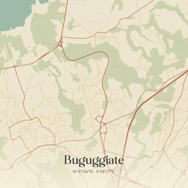 Buguggiate 'nin klasik duvar sanat haritası, Lombardia, İtalya' da. Ormanlar, yollar, şehirler, göller ve nehirlerle ilgili hava planı.