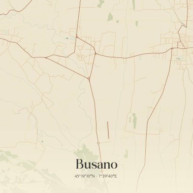 Busano 'nun klasik duvar sanat haritası, Piemonte, İtalya' da. Ormanlar, yollar, şehirler, göller ve nehirlerle ilgili hava planı.