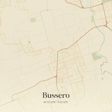 Bussero 'nun klasik duvar sanat haritası, Lombardia, İtalya' da. Ormanlar, yollar, şehirler, göller ve nehirlerle ilgili hava planı.